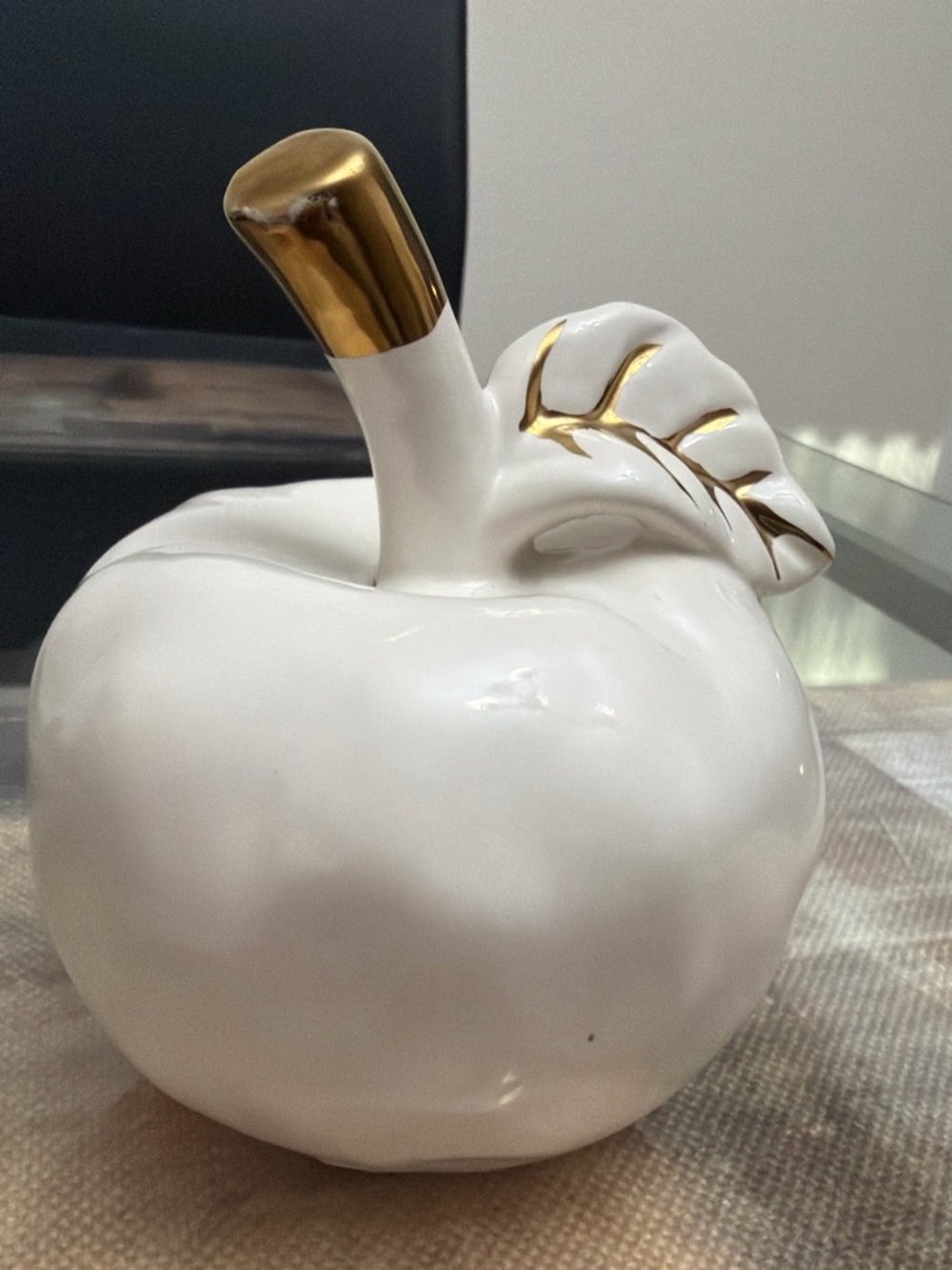 Ceramic White Apple Accent with Gold Stem and Leaf - Decorative Home Accent